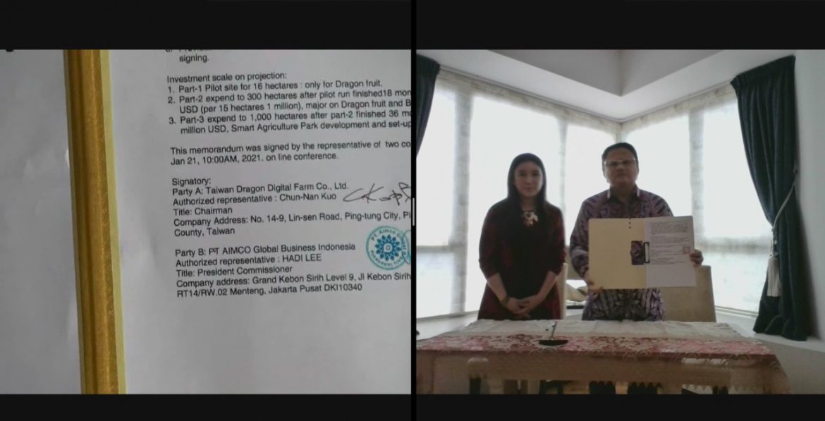 Penandatangan kerjasama antara PT. Aimco Global Bisnis Indonesia dengan Taiwan Dragon Digital Farm Co. Ltd di Jakarta Kamis 21 Januari 2021.