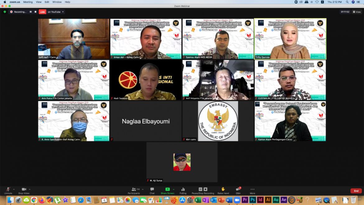 Kementerian Perdagangan RI menyelenggarakan webinar pelatihan ekspor bertemakan pengembangan potensi kewirausahaan berorientasi ekspor bagi mahasiswa dan masyarakat Indonesia di Mesir.