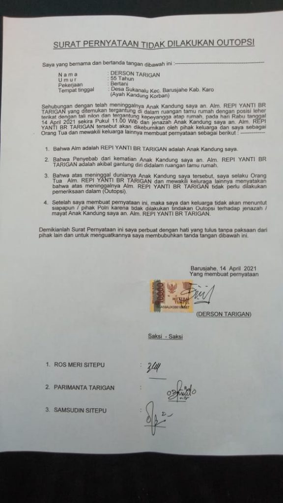 Surat Pernyataan Tidak Dilakukan Outopsi